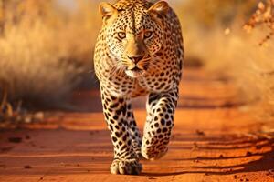 ai gegenereerd boeiend safari avontuur. getuige de majestueus Afrikaanse luipaard in haar natuurlijk leefgebied foto