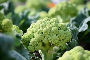 ai gegenereerd overvloedig vers broccoli oogst groeit in een plantage, duurzame landbouw foto