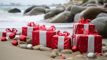 ai gegenereerd Kerstmis geschenk Aan de zanderig strand. feestelijk vakantie viering Bij kust tropisch bestemming foto