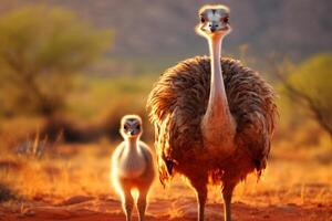 ai gegenereerd Afrikaanse struisvogel familie begrazing en roamen de enorm savanne gedurende een ongelooflijk safari avontuur foto