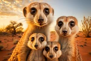 ai gegenereerd meerkat families safari reis. hartverwarmend moment in de levendig Afrikaanse landschap foto