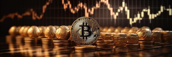 ai gegenereerd bitcoin goud munten Aan grafiek, blockchain blockchain techniek, digitaal valuta mijnbouw concept foto