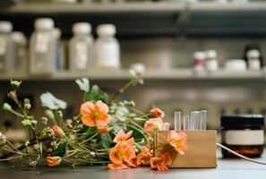 ai gegenereerd bloemen en test buizen in laboratorium foto