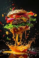 ai gegenereerd de Hamburger met vliegend ingrediënten foto