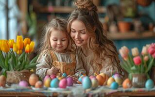 ai gegenereerd moeder en dochter verf Pasen eieren. kinderen samen met mam schilderij Pasen ei Bij een tafel foto