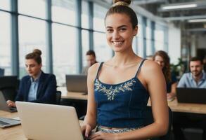 ai gegenereerd attent vrouw leerling deelnemen in een seminarie. academisch milieu met een kijken van concentratie. foto