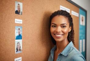 ai gegenereerd een vrouw staat door een bulletin bord, haar verloofd uitdrukking suggereren planning of organisatie. foto