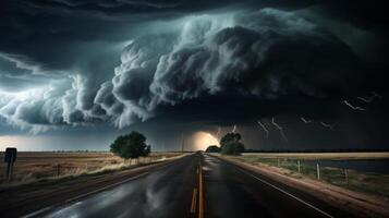 ai gegenereerd naderen tornado. onheilspellend lucht signalen Aan sereen landschap met donker wolken bijeenkomst foto