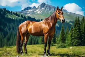 ai gegenereerd mooi bruin paard begrazing vredig Aan weelderig alpine weide met uitgebreid ruimte voor boeiend tekst foto