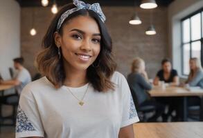 ai gegenereerd een vriendelijk jong vrouw vervelend een hoofdband glimlacht hartelijk. foto