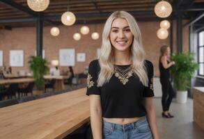 ai gegenereerd jong professioneel vrouw in een gewoontjes kleding in een kantoor instelling. levendig milieu met collega's in de achtergrond. foto