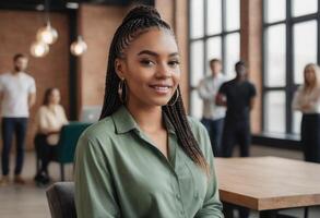 ai gegenereerd een zelfverzekerd professioneel vrouw in een groen overhemd Bij de kantoor. achtergrond collega's toevoegen naar de zakelijke uitstraling. foto