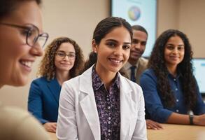 ai gegenereerd een groep van professionals verzameld voor een ontmoeting. verscheidenheid en samenwerking zijn evident in de tafereel. foto