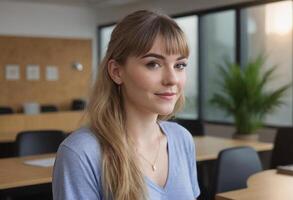 ai gegenereerd jong vrouw geconcentreerd Aan haar werk Bij de kantoor. een sereen kantoor milieu met natuurlijk licht. foto