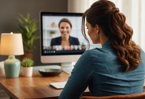 ai gegenereerd een vrouw bezighoudt in een video telefoontje van huis, de technologie faciliteren afgelegen communicatie en verbinding. foto