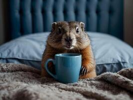 groundhog dag, in een blauw bed, groundhog in bed met een kop van koffie. foto