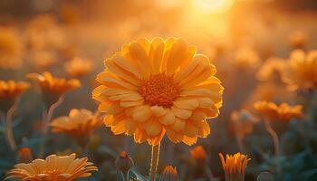 ai gegenereerd goudsbloem bloem veld- in zonsondergang. oranje goudsbloem bloem veld- bloeiend gedurende de zomer. goudsbloem bloemen in zonsopkomst. oranje bloemen detailopname foto