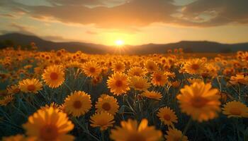 ai gegenereerd goudsbloem bloem veld- in zonsondergang. oranje goudsbloem bloem veld- bloeiend gedurende de zomer. goudsbloem bloemen in zonsopkomst. oranje bloemen detailopname foto