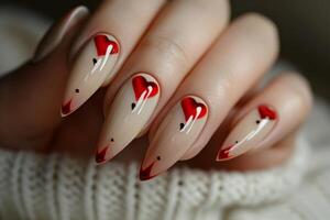 ai gegenereerd dames nagels met rood harten foto