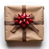 ai gegenereerd geschenk doos met rood lint geïsoleerd Aan wit achtergrond met schaduw. geschenk doos voor Cadeau geven voor verjaardag partijen en vieringen foto