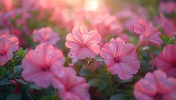 ai gegenereerd petunia bloemen in een tuin. roze en Purper bloemen bloeiend gedurende zomer tijd in natuur. petunia bloem foto