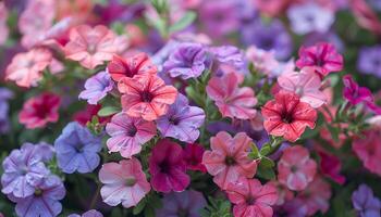 ai gegenereerd petunia bloemen in een tuin. roze en Purper bloemen bloeiend gedurende zomer tijd in natuur. petunia bloem foto