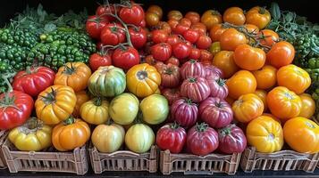 ai gegenereerd geassorteerd tomaten in manden foto