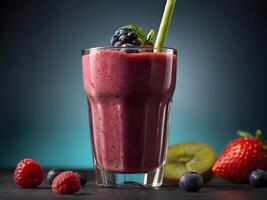 ai gegenereerd kleurrijk en gezond BES smoothies, milkshakes, cocktails met yoghurt, vers fruit, en bessen Aan een zwart achtergrond. selectief focus.. ai gegenereerd foto