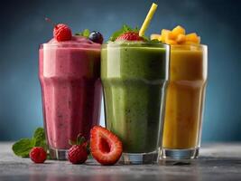 ai gegenereerd kleurrijk en gezond BES smoothies, milkshakes, cocktails met yoghurt, vers fruit, en bessen Aan een blauw achtergrond. selectief focus. ai gegenereerd foto