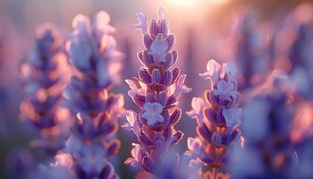 ai gegenereerd lavendel veld- Bij zonsondergang. detailopname van lavendel fabriek bloeiend onder de zon gedurende zomer. Purper bloemen van aromatisch fabriek lavendel. lavendel en zonsondergang foto