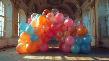 ai gegenereerd regenboog gekleurde boog gebouwd met ballonnen foto