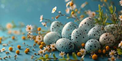 ai gegenereerd schilderij van eieren en bloemen Aan blauw achtergrond foto