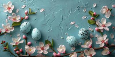 ai gegenereerd schilderij van eieren en bloemen Aan blauw achtergrond foto
