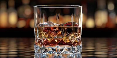 ai gegenereerd glas van whisky met ijs kubussen foto