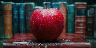 ai gegenereerd rood appel Aan top van een boek foto