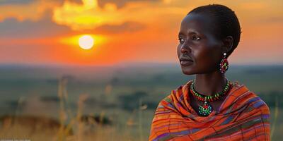 ai gegenereerd vrouw staand in veld- met zonsondergang achtergrond foto