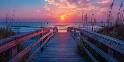 ai gegenereerd promenade leidend naar strand Bij zonsondergang foto