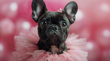 ai gegenereerd klein hond vervelend roze jurk in de regen foto
