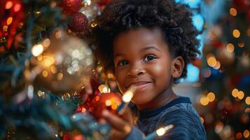 ai gegenereerd jong kind Holding Kerstmis ornament door Kerstmis boom foto