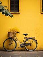 ai gegenereerd een fiets geparkeerd netjes tegen een helder geel muur in een stedelijk instelling. foto