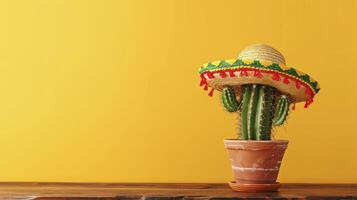 ai gegenereerd cactus in sombrero hoed Aan houten tafel tegen geel achtergrond met ruimte, Mexicaans feest concept. foto