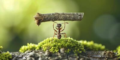 ai gegenereerd mier Holding omhoog een stuk van hout over- haar hoofd, staand Aan bemost grond tegen een groen achtergrond. foto