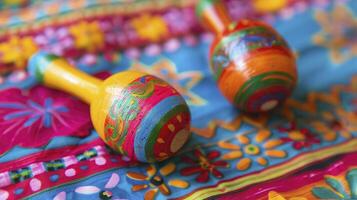 ai gegenereerd kleurrijk geschilderd houten maracas Aan een kleurrijk tafel kleding met Mexicaans patronen foto