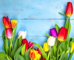 boeket van tulpen Aan blauw houten tafel. gelukkig vrouwen dag. 8 maart., moeder dag. foto