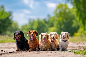 jong honden zijn poseren. schattig hondjes of huisdieren zijn op zoek gelukkig Aan natuur achtergrond. foto