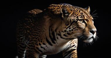 ai gegenereerd jaguar dier Aan zwart achtergrond, jaguar portret , mooi schot van een Afrikaanse luipaard, jaguar foto