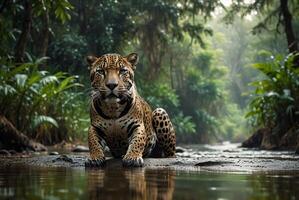 ai gegenereerd jaguar - dier, jaguar in de oerwoud, mooi schot van een Afrikaanse luipaard - jaguar foto