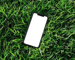 ai gegenereerd modern smartphone mockup tafereel. smartphone mockup sjabloon met blanco wit scherm Aan groen gras. foto