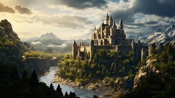 ai gegenereerd middeleeuws kastelen en koninkrijken spel achtergrond foto
