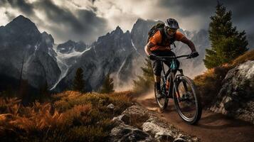 ai gegenereerd berg fietsen en avontuur achtergrond foto